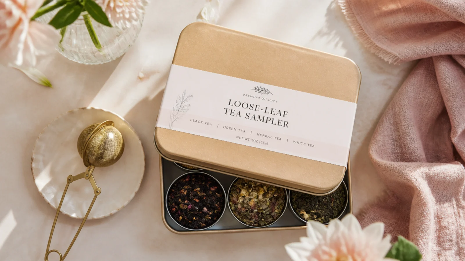 Faceless flat-lay of a kraft loose-leaf tea sampler tin with a small infuser