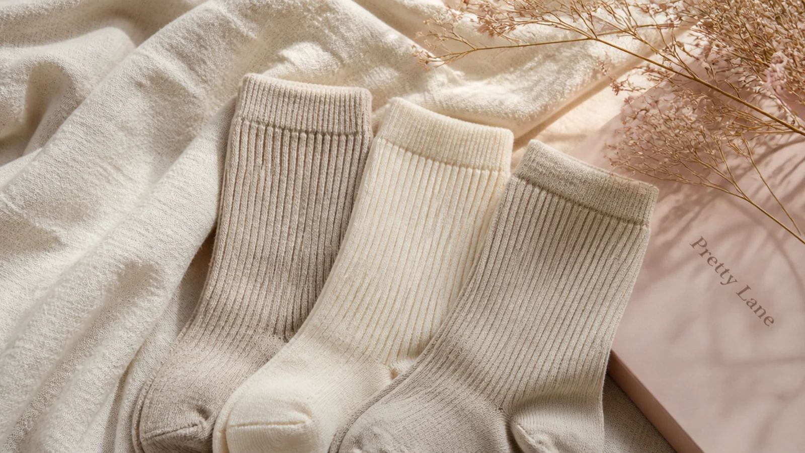 Faceless flat-lay of three folded ribbed cotton crew socks in oatmeal and cream