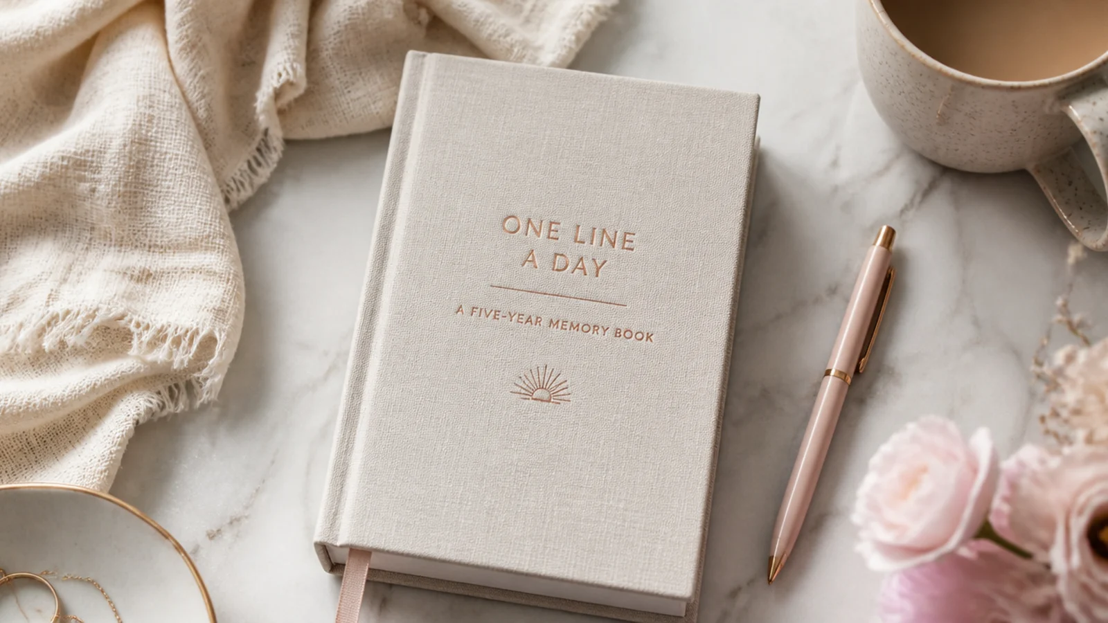 Faceless flat-lay of a linen-bound one-line-a-day journal with a pen