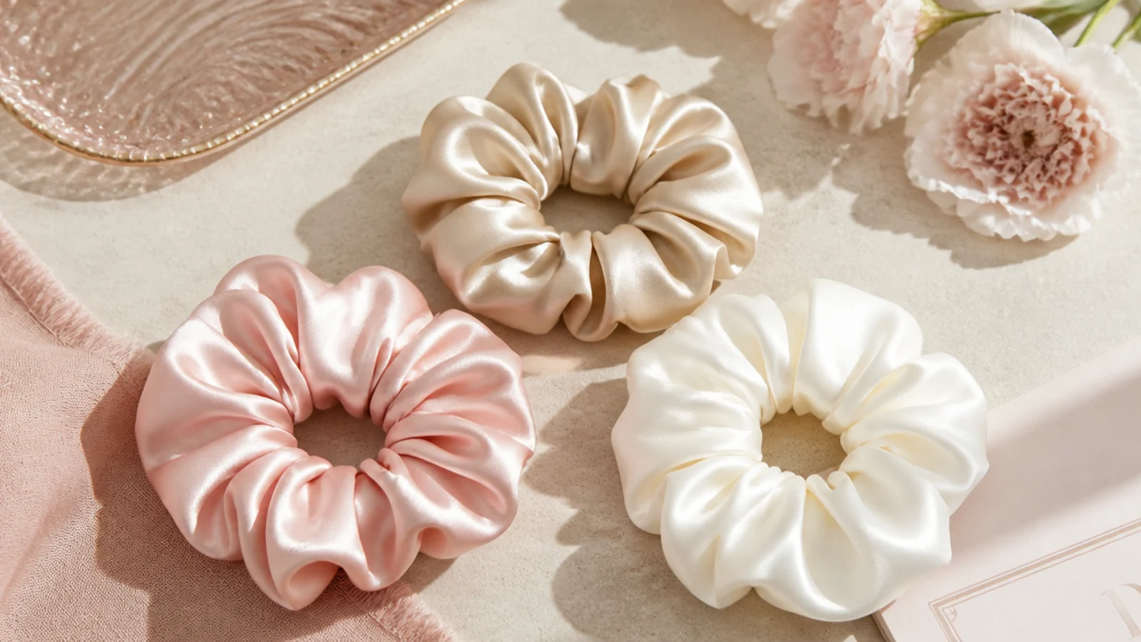 Faceless flat-lay of three silk scrunchies in champagne, blush and ivory