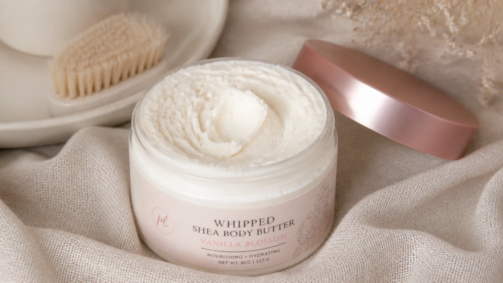 Faceless close-up of an open jar of whipped shea body butter on linen