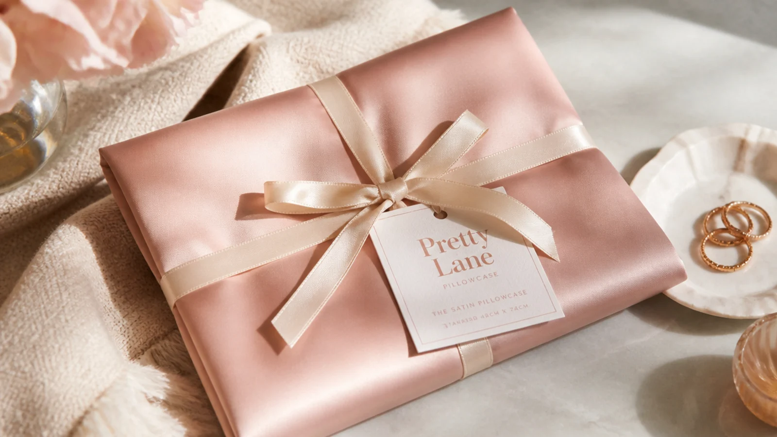 Faceless flat-lay of a folded blush satin pillowcase tied with ribbon