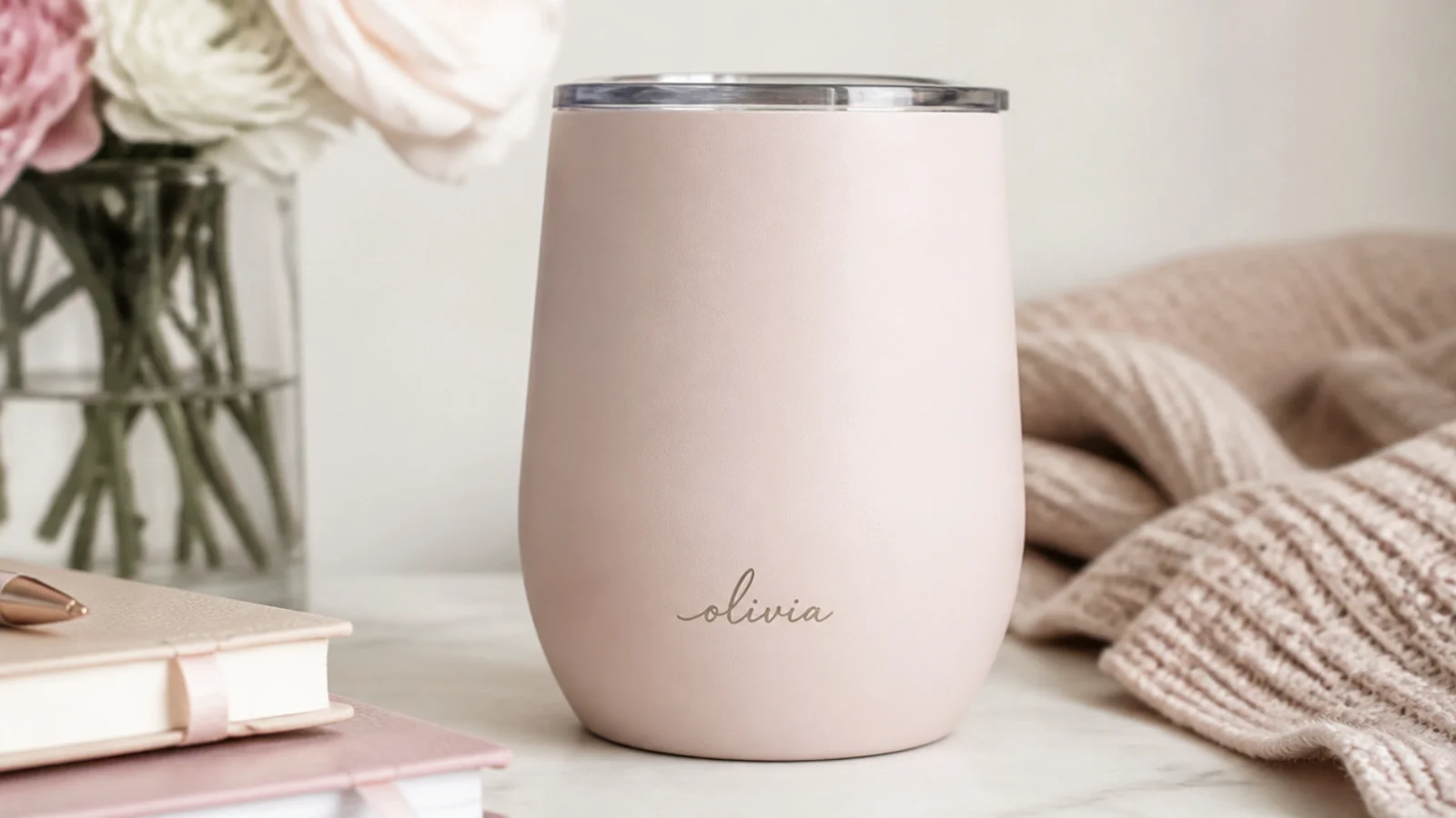 Faceless close-up of a matte insulated tumbler with a small engraved name