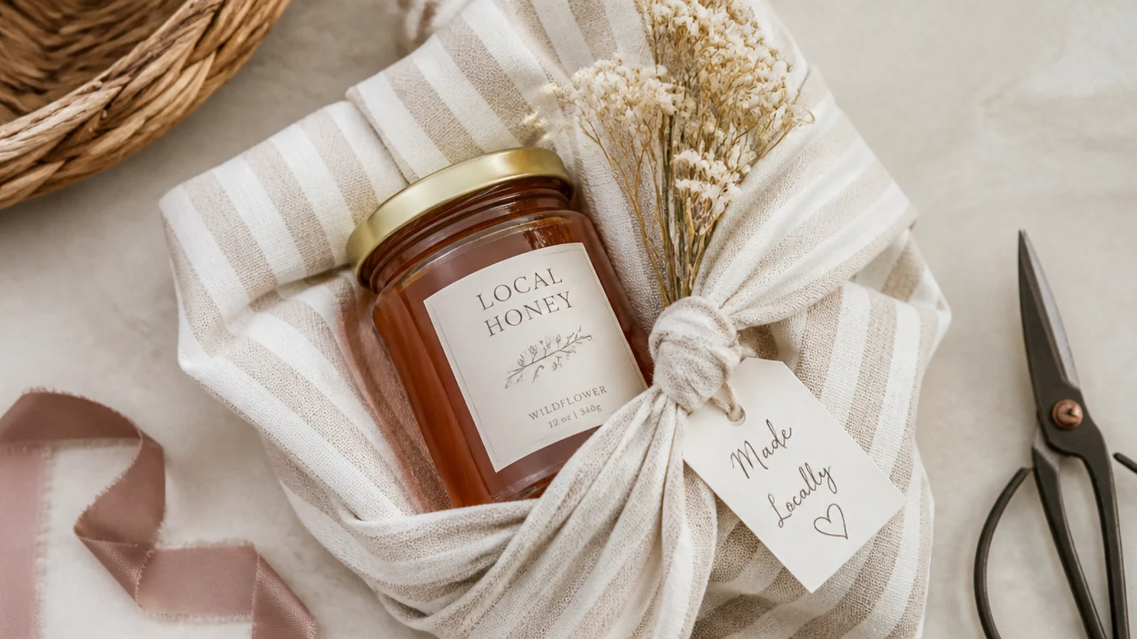 Faceless flat-lay of a striped linen tea towel wrapped around a jar of local honey