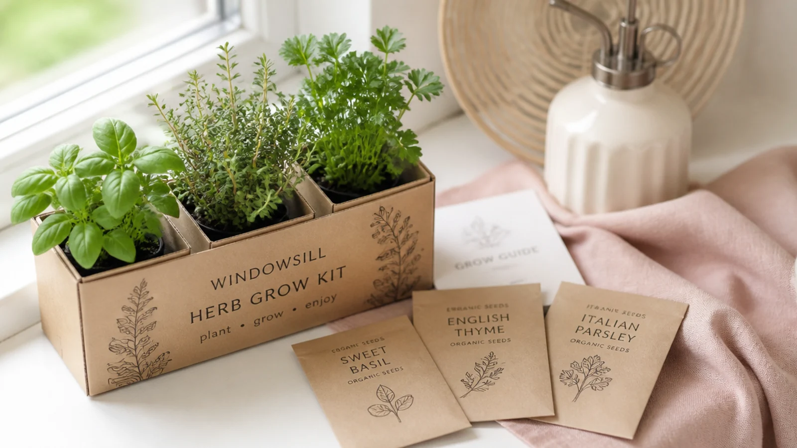Faceless flat-lay of a small windowsill herb grow kit with kraft seed packets