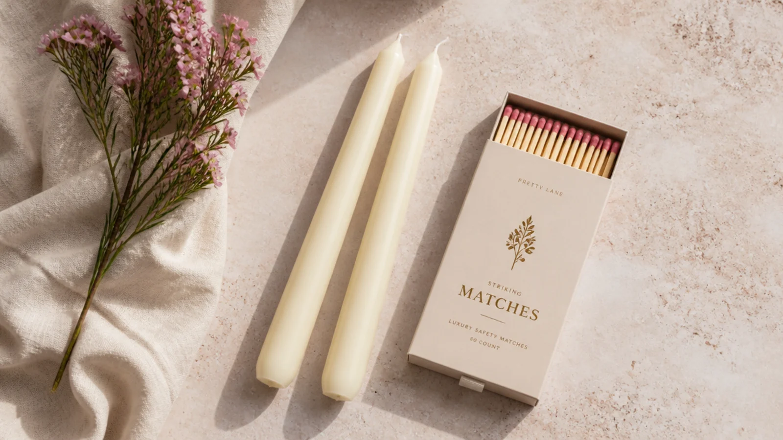 Faceless flat-lay of two ivory beeswax taper candles beside a striking-match box