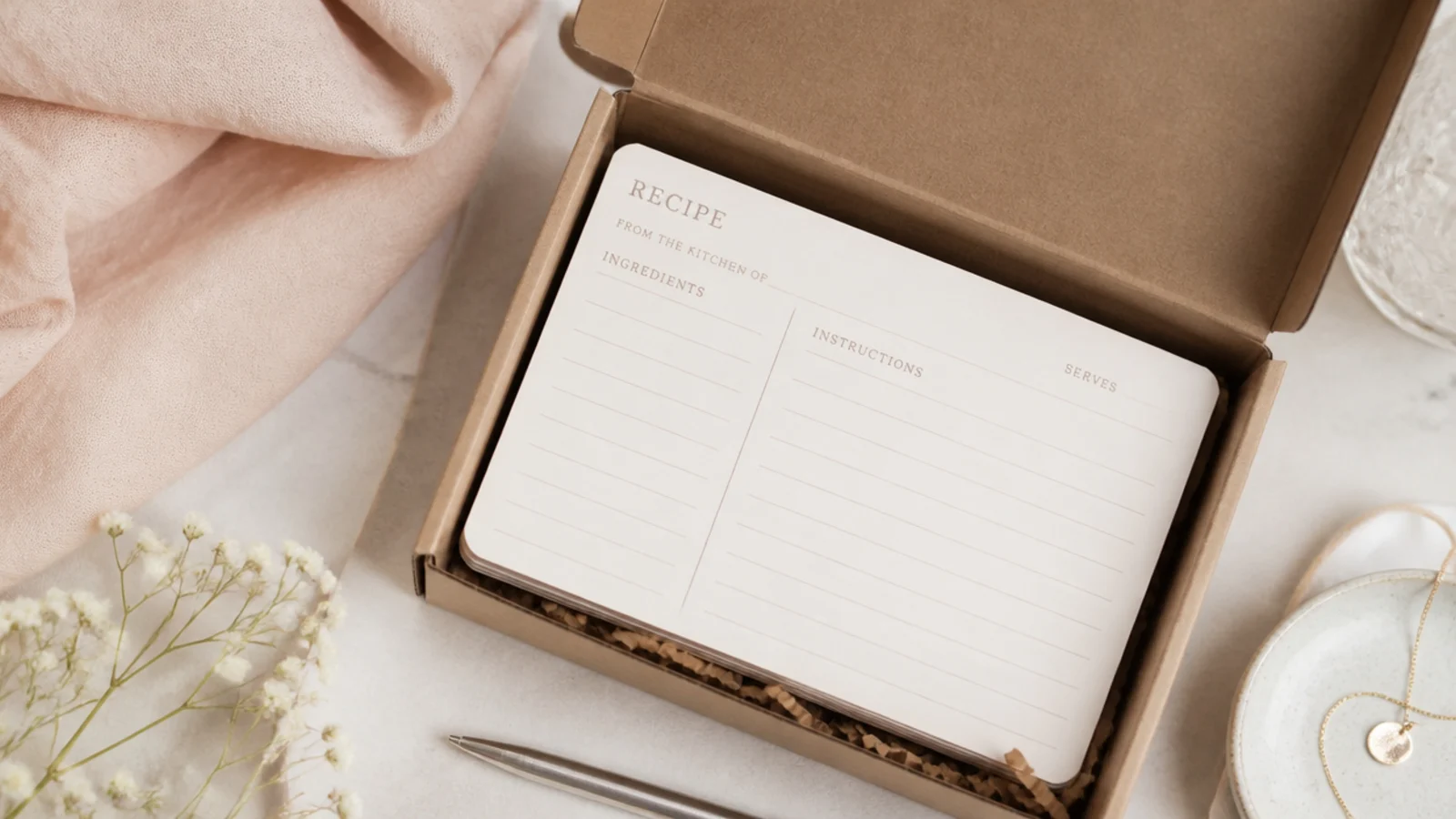 Faceless flat-lay of a kraft recipe card box filled with blank recipe cards