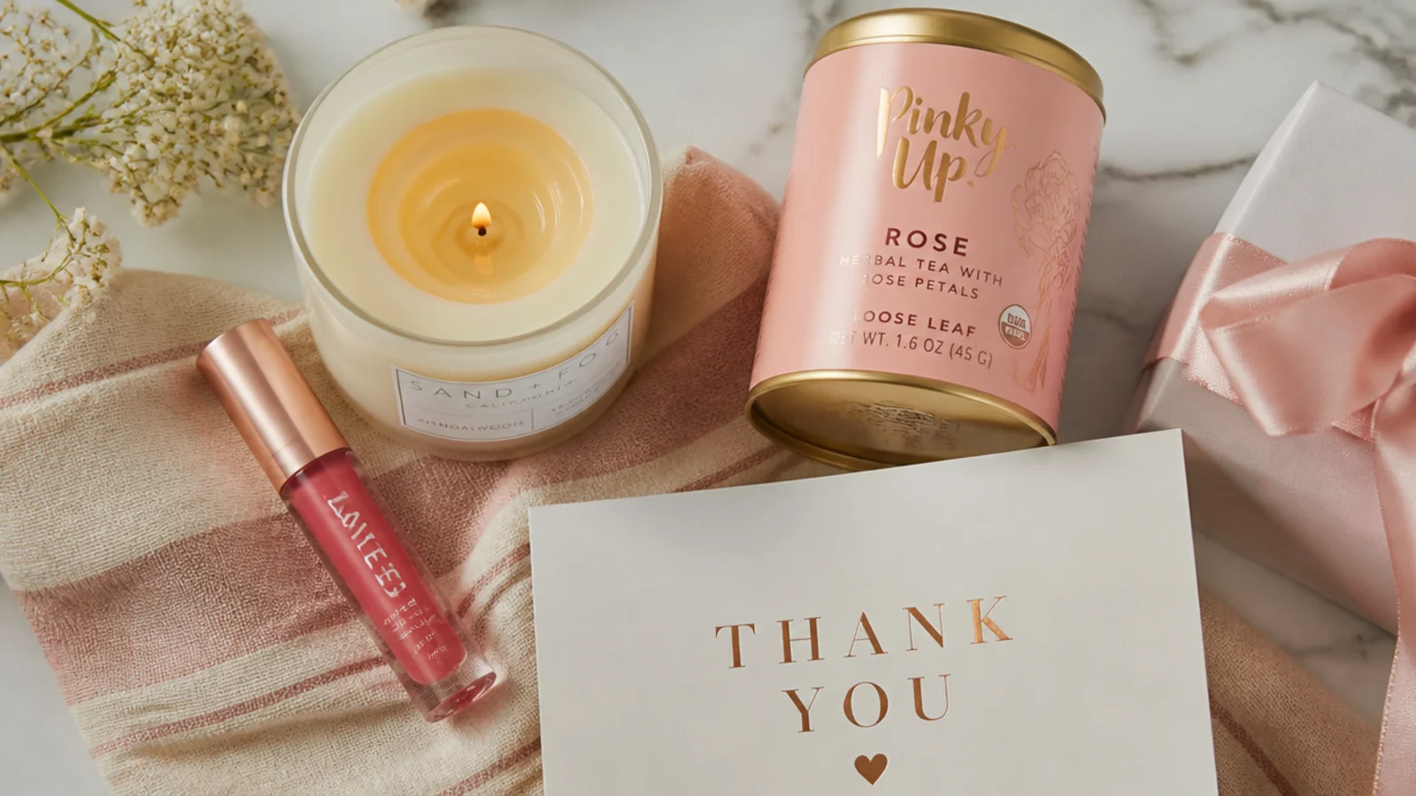 Faceless flat-lay of neutral coworker-safe gifts, a candle, tea tin and lip oil