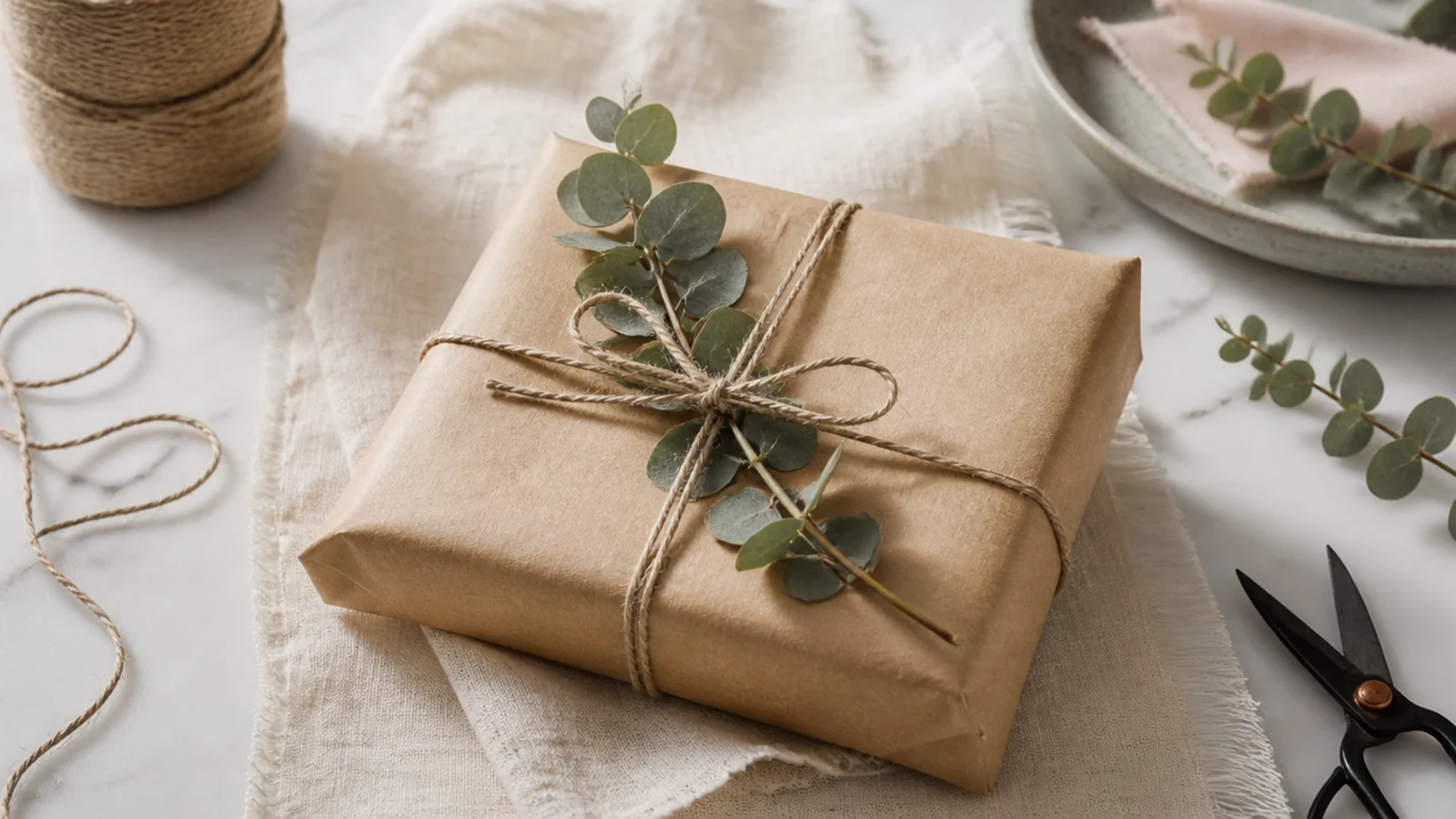 Faceless shot of a small gift wrapped in kraft paper tied with twine and a eucalyptus sprig