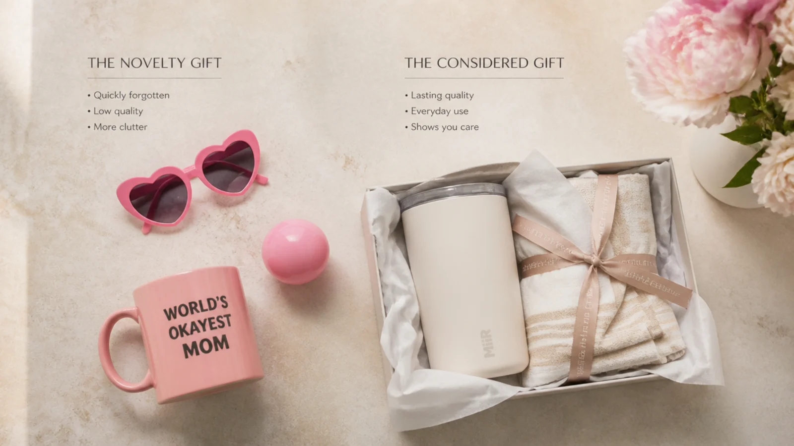 Faceless flat-lay comparing a flimsy novelty gift with a considered neutral one