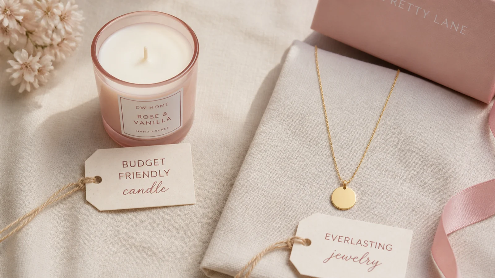 Faceless flat-lay comparing a budget candle and a jewelry piece side by side