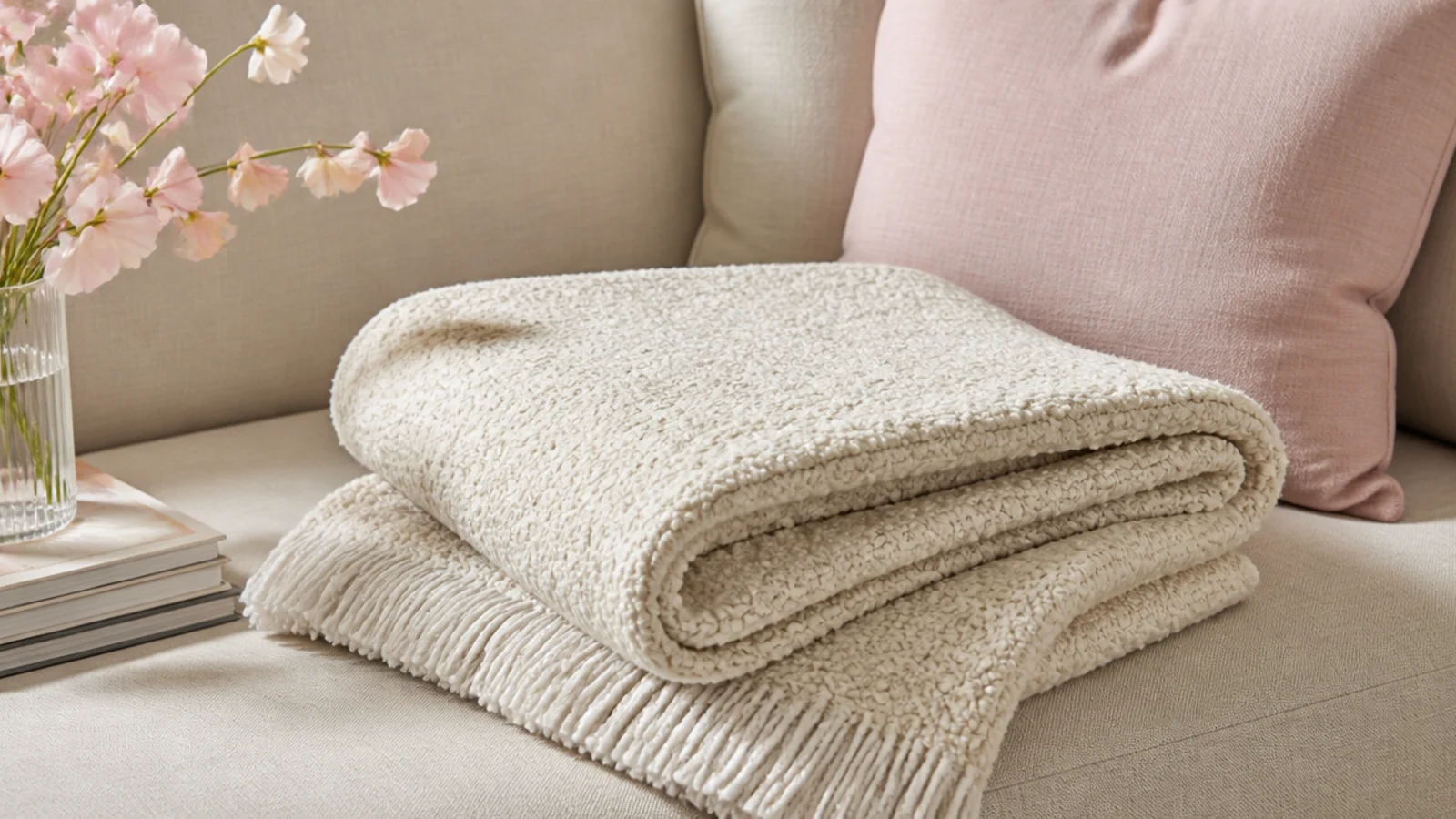 Faceless flat-lay of a folded cream boucle throw blanket on an oatmeal linen sofa