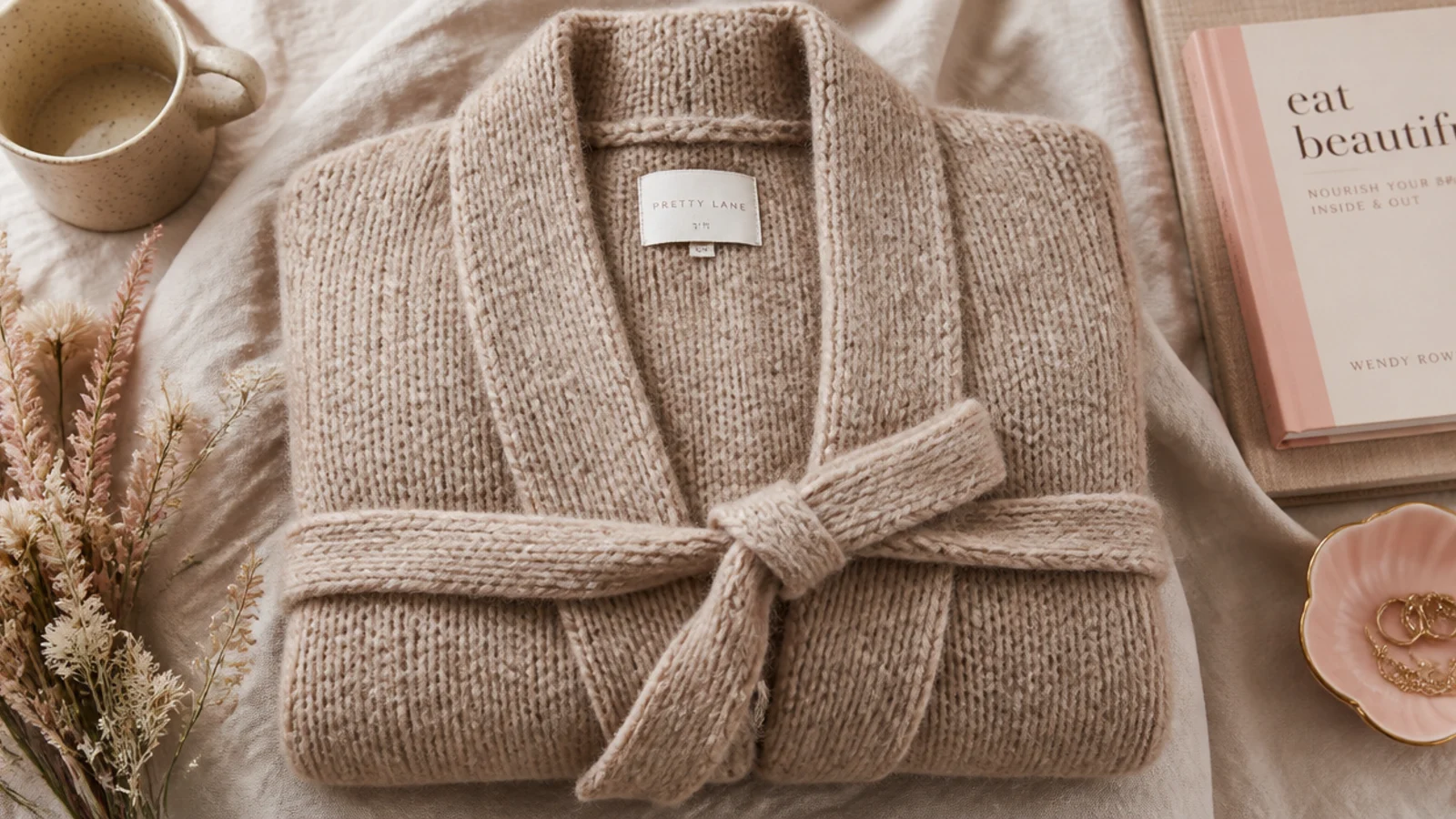 Faceless waist-down flat-lay of a chunky oatmeal wool-blend wrap cardigan folded on linen