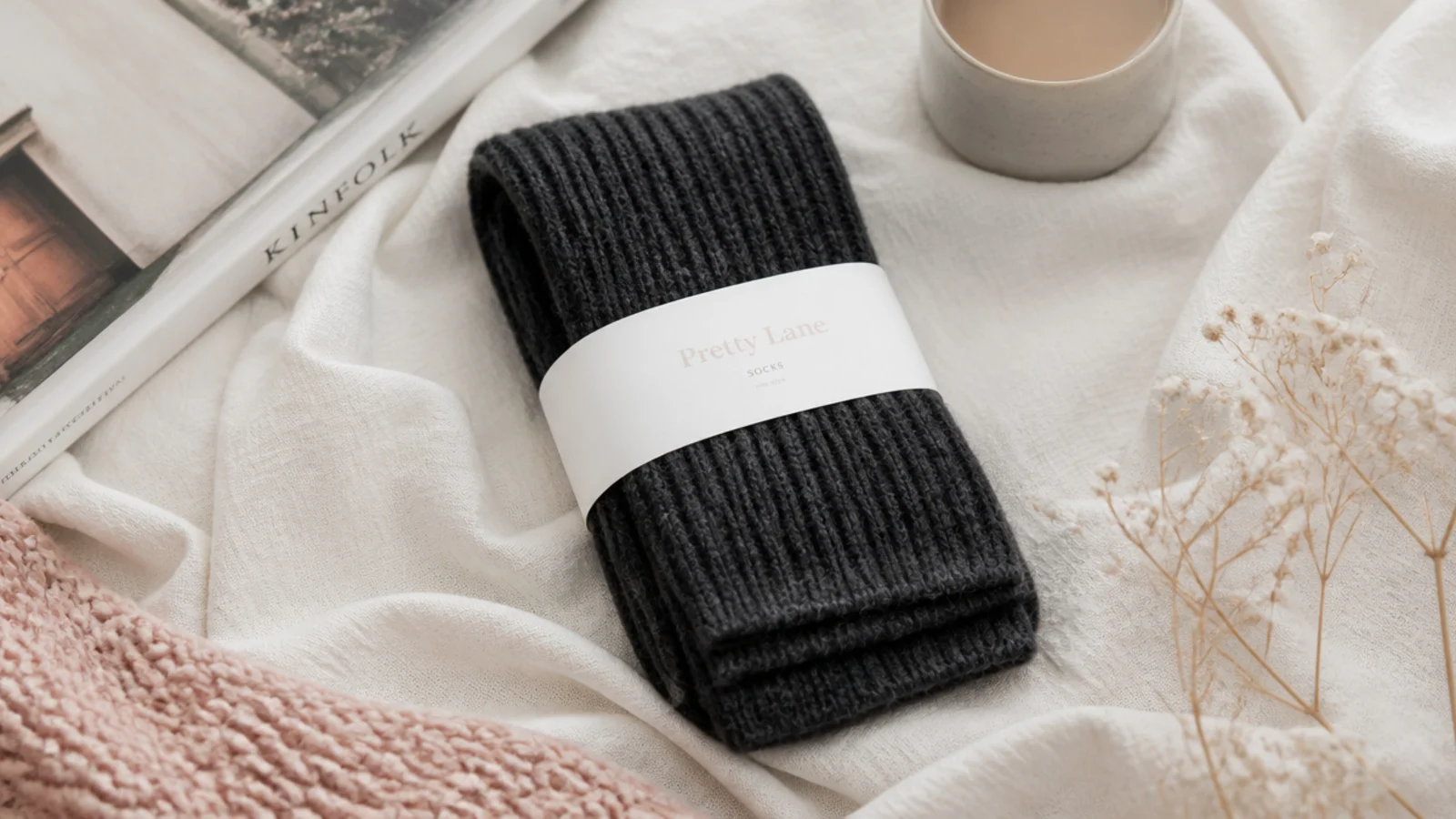 Faceless flat-lay of thick charcoal ribbed wool boot socks folded on cream linen