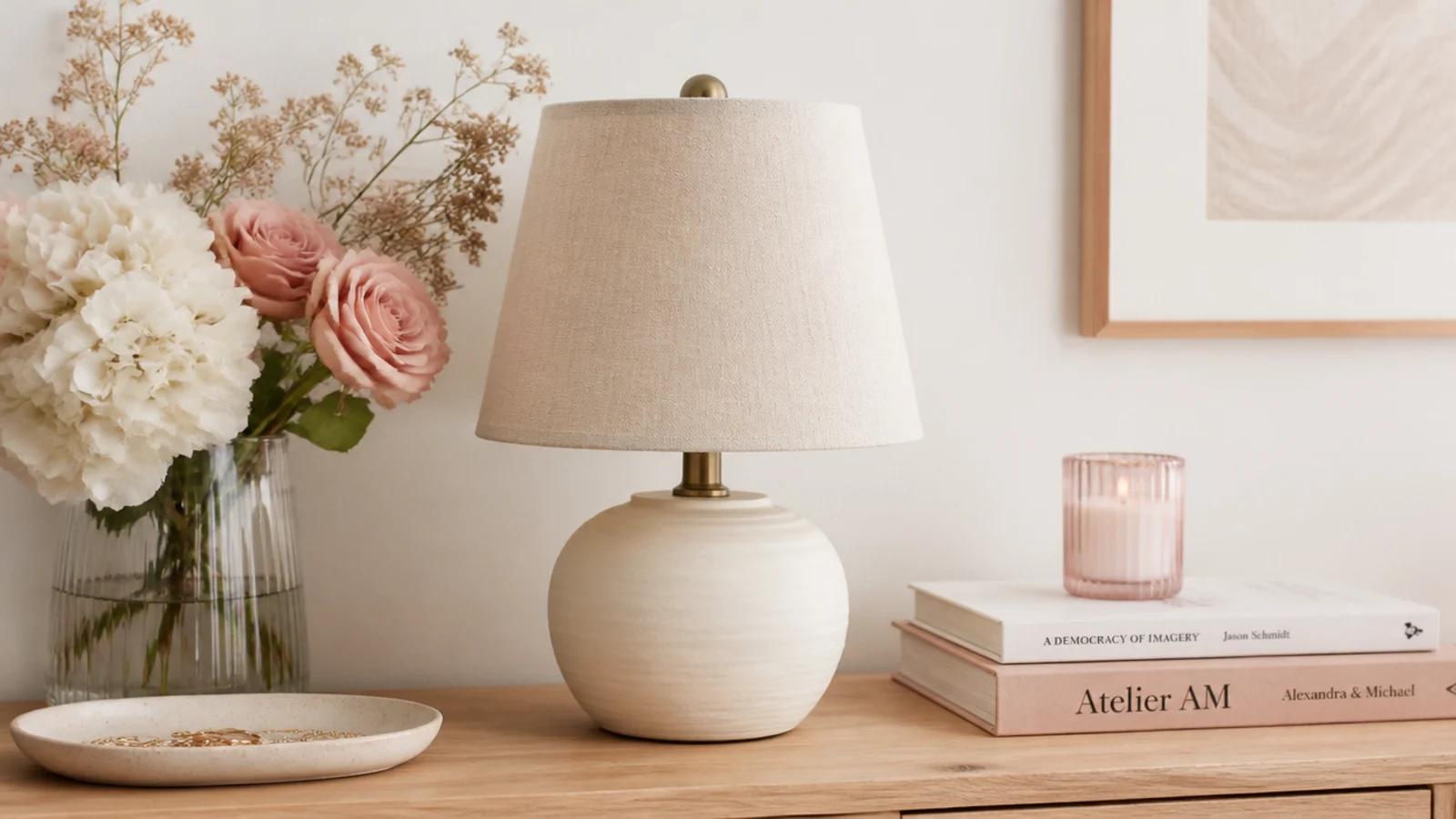 Faceless flat-lay of a small cream ceramic table lamp with a warm linen shade on a wood side table
