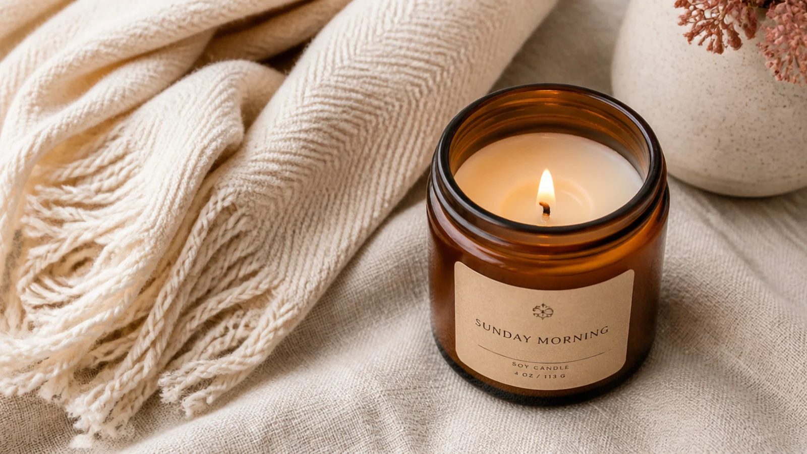 Faceless flat-lay of a lit amber-glass soy candle beside a folded cream throw on linen