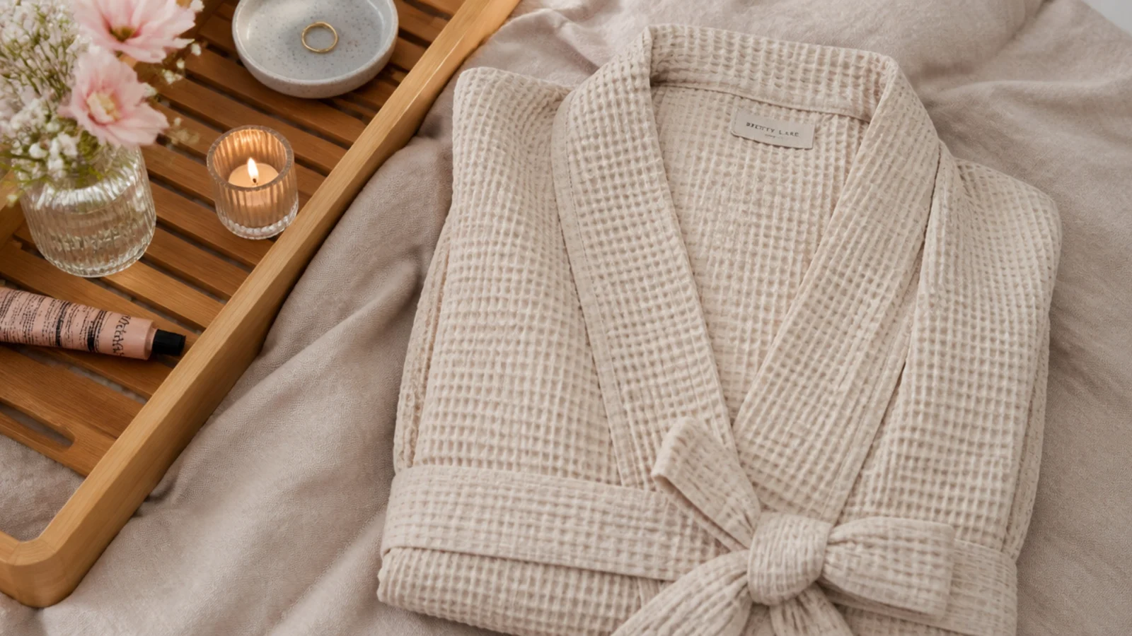 Faceless flat-lay of an oatmeal waffle-weave cotton robe folded beside a bath tray on linen