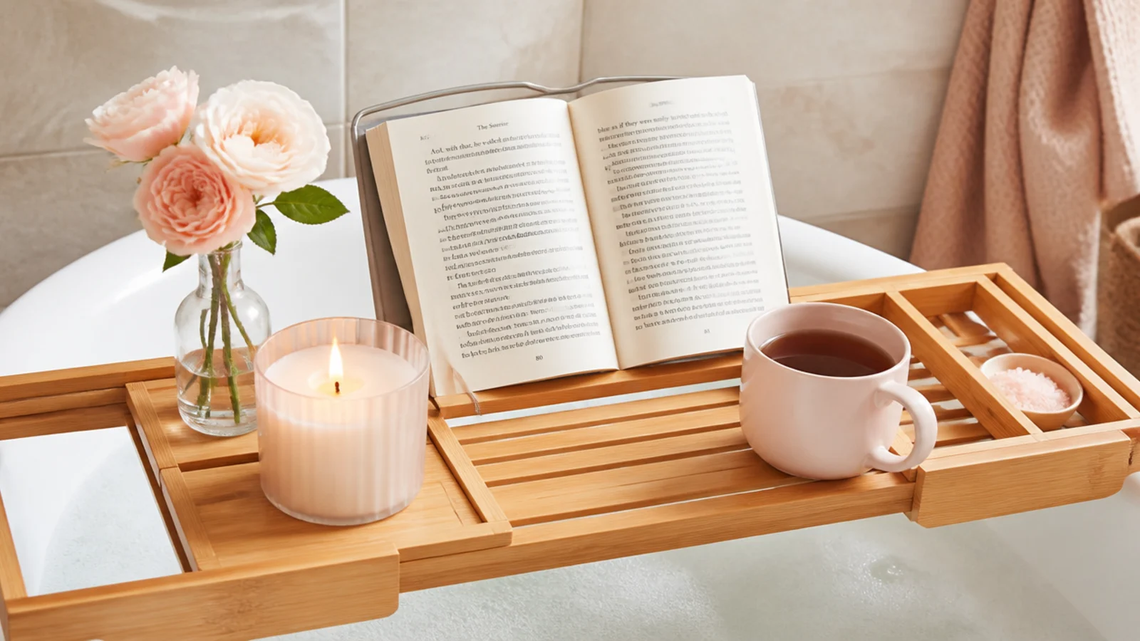Faceless flat-lay of a natural bamboo bath caddy tray holding a book, candle and mug across a tub