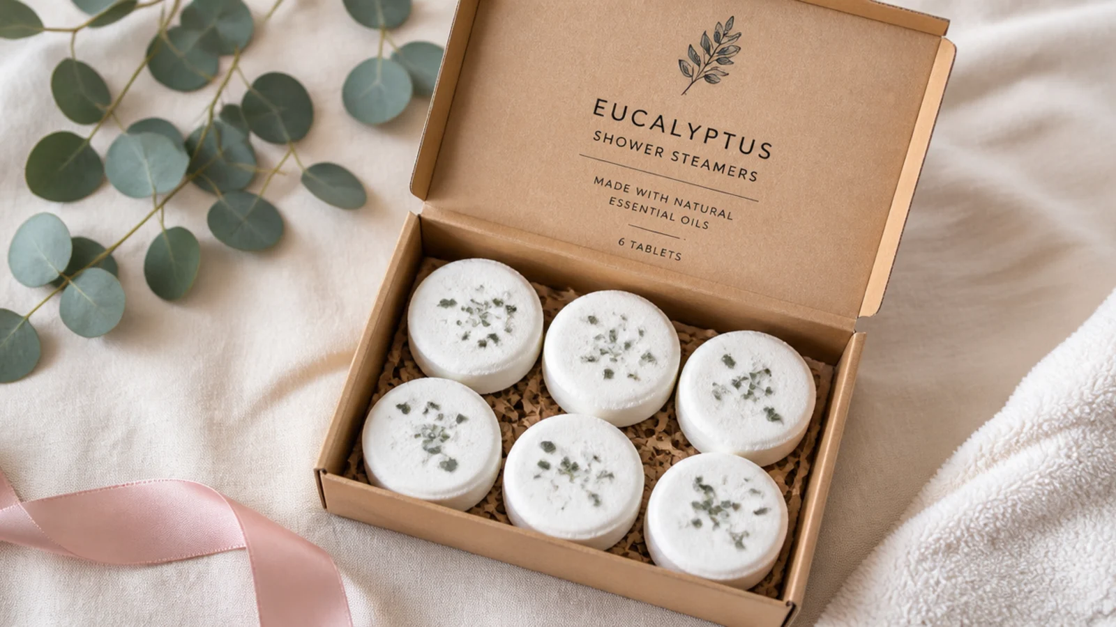 Faceless flat-lay of eucalyptus shower steamer tablets in a kraft box on cream linen