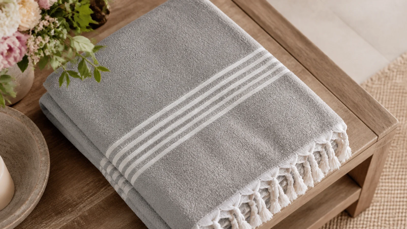 Faceless flat-lay of a folded stone-gray Turkish cotton bath sheet on a wood bench