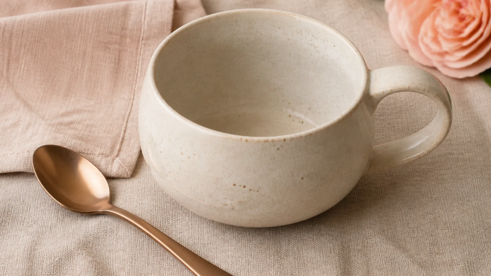 Faceless flat-lay of a large speckled stoneware mug on a linen surface beside a spoon
