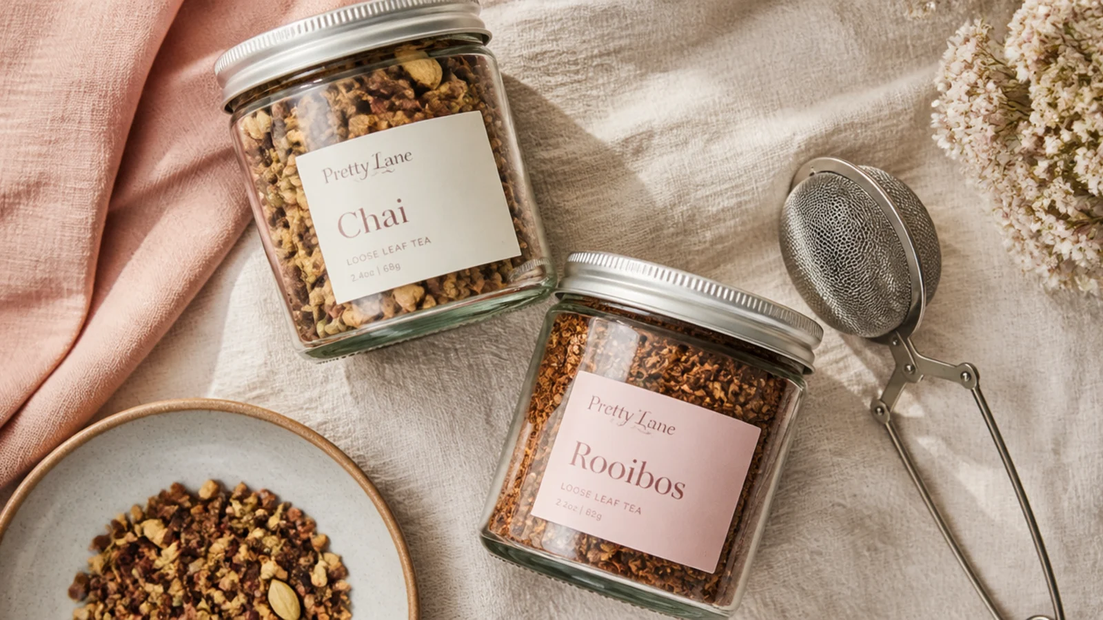 Faceless flat-lay of glass tins of loose-leaf chai and rooibos tea with an infuser on linen