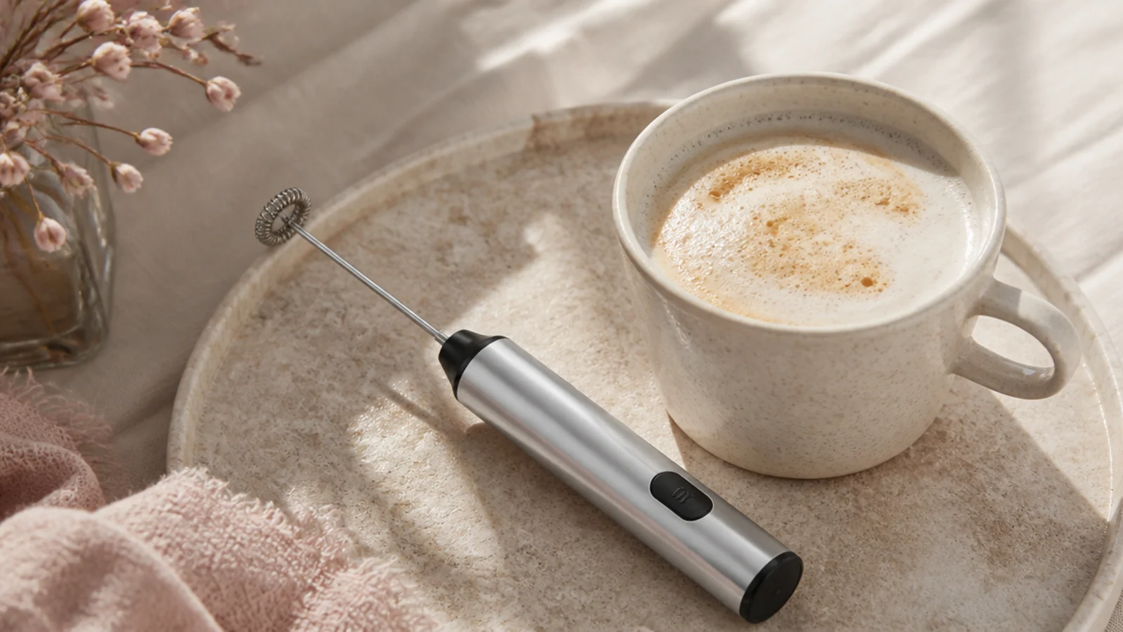 Faceless flat-lay of a slim stainless electric milk frother beside a stoneware latte mug