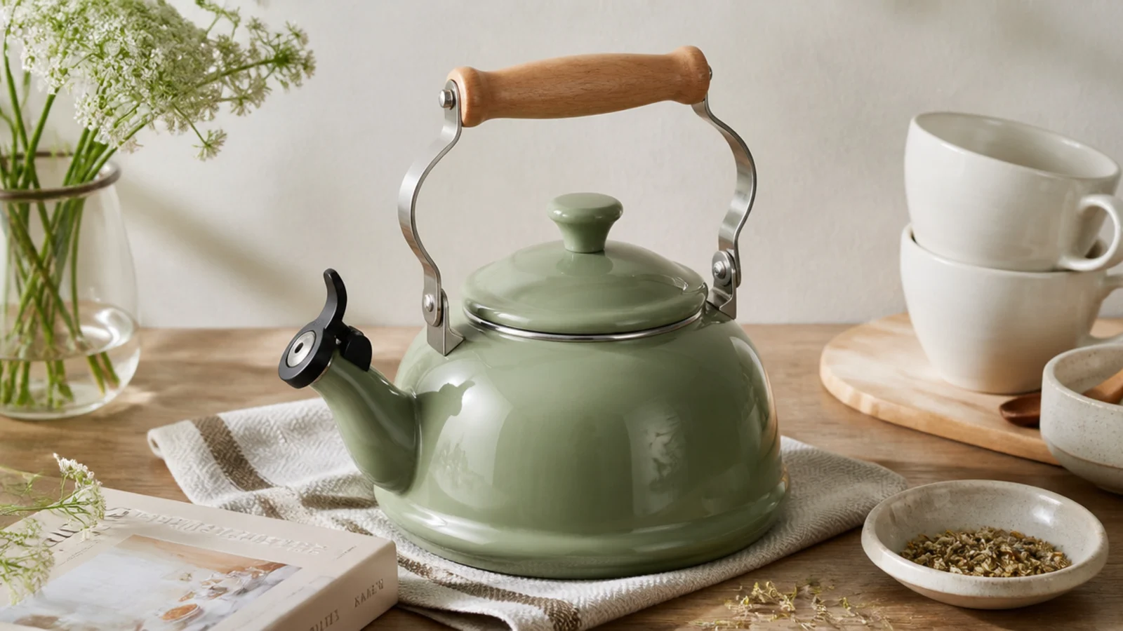 Faceless flat-lay of a sage-green enamel stovetop tea kettle on a wood kitchen surface
