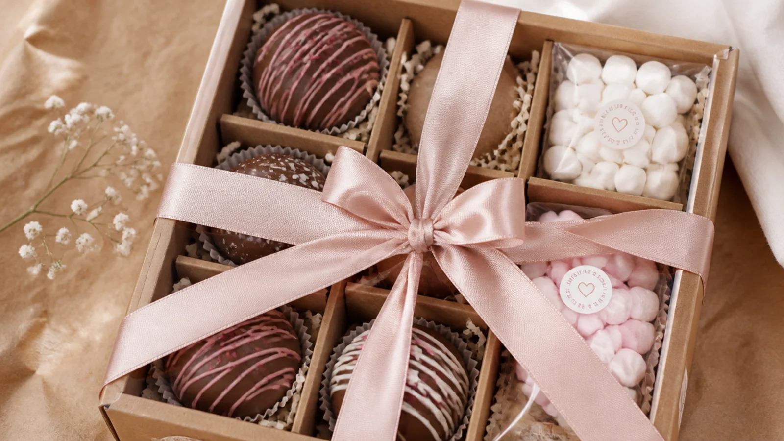 Faceless flat-lay of a boxed set of chocolate cocoa bombs and marshmallows on kraft paper