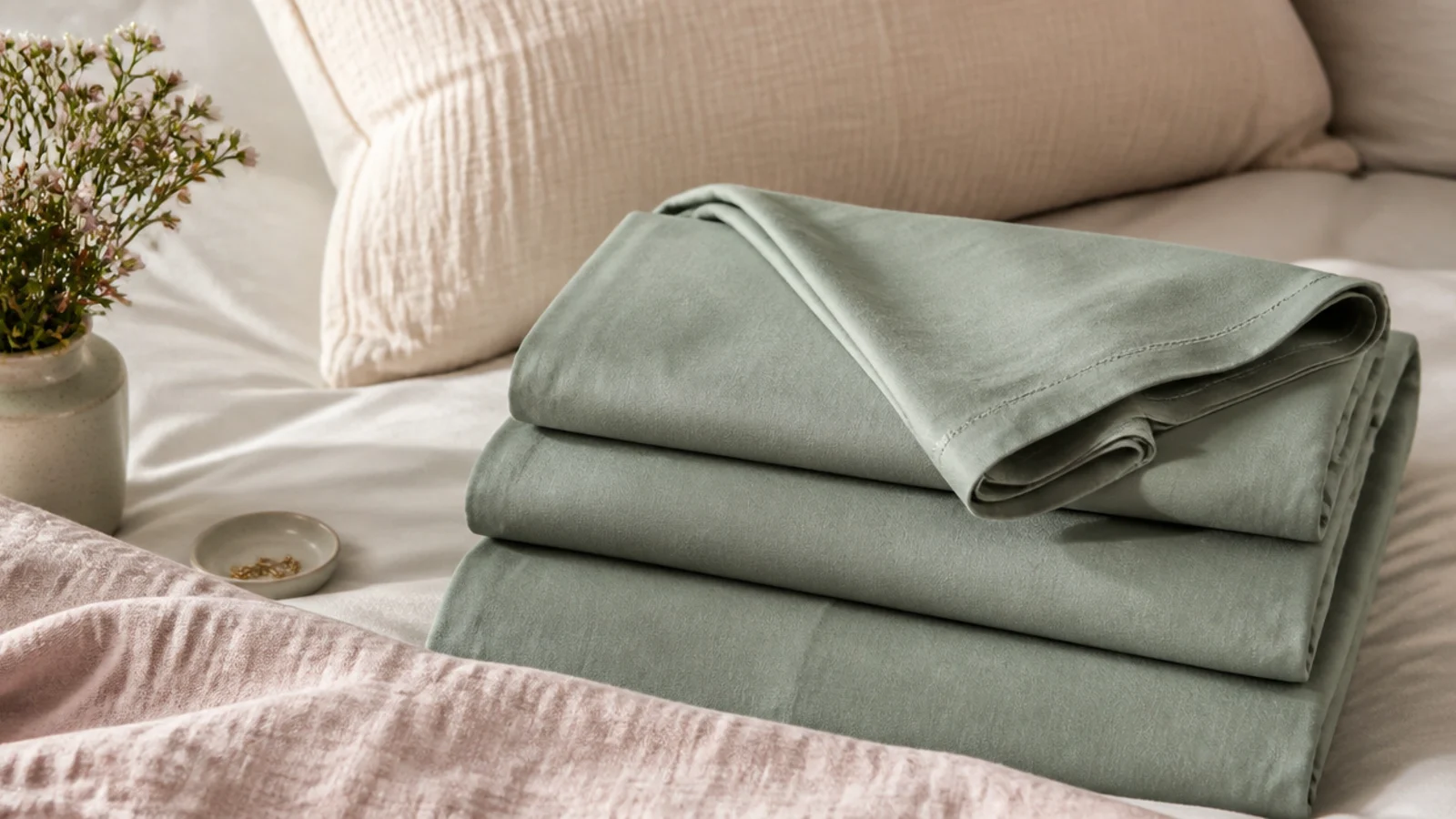 Faceless flat-lay of folded sage brushed cotton flannel sheets with a corner turned back on a bed