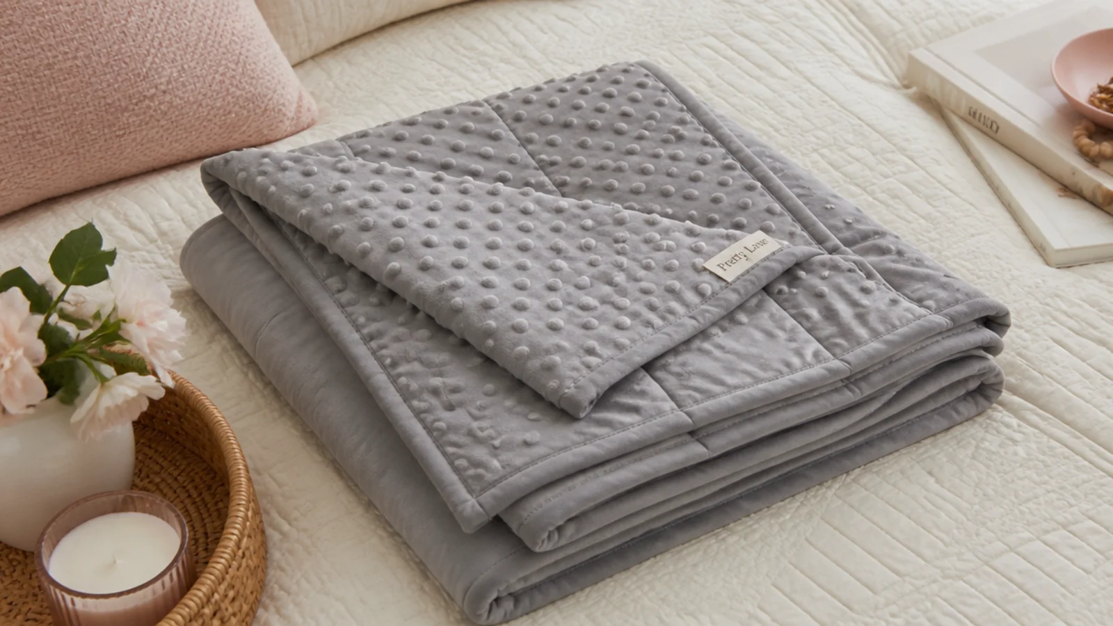 Faceless flat-lay of a folded dove-gray weighted blanket with a soft minky cover on a bed