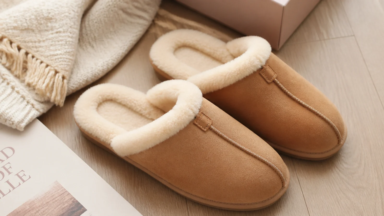 Faceless flat-lay of a pair of camel suede slippers lined with cream shearling on a wood floor