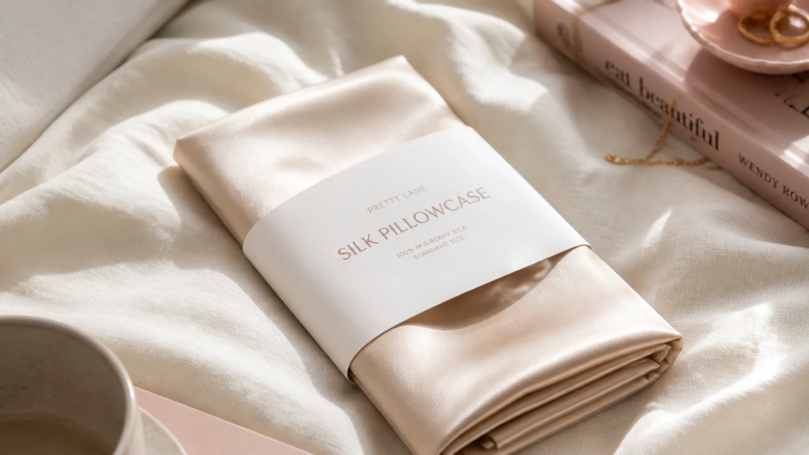 Faceless flat-lay of a champagne silk pillowcase folded on a cream linen bed