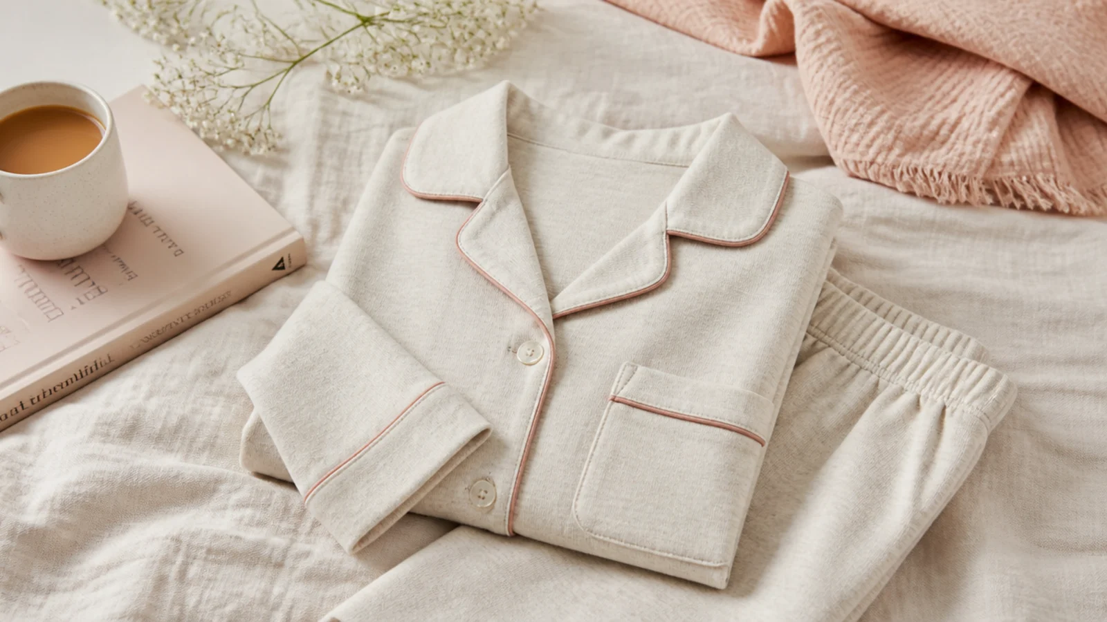 Faceless flat-lay of an oatmeal brushed cotton pajama set folded on a linen bed
