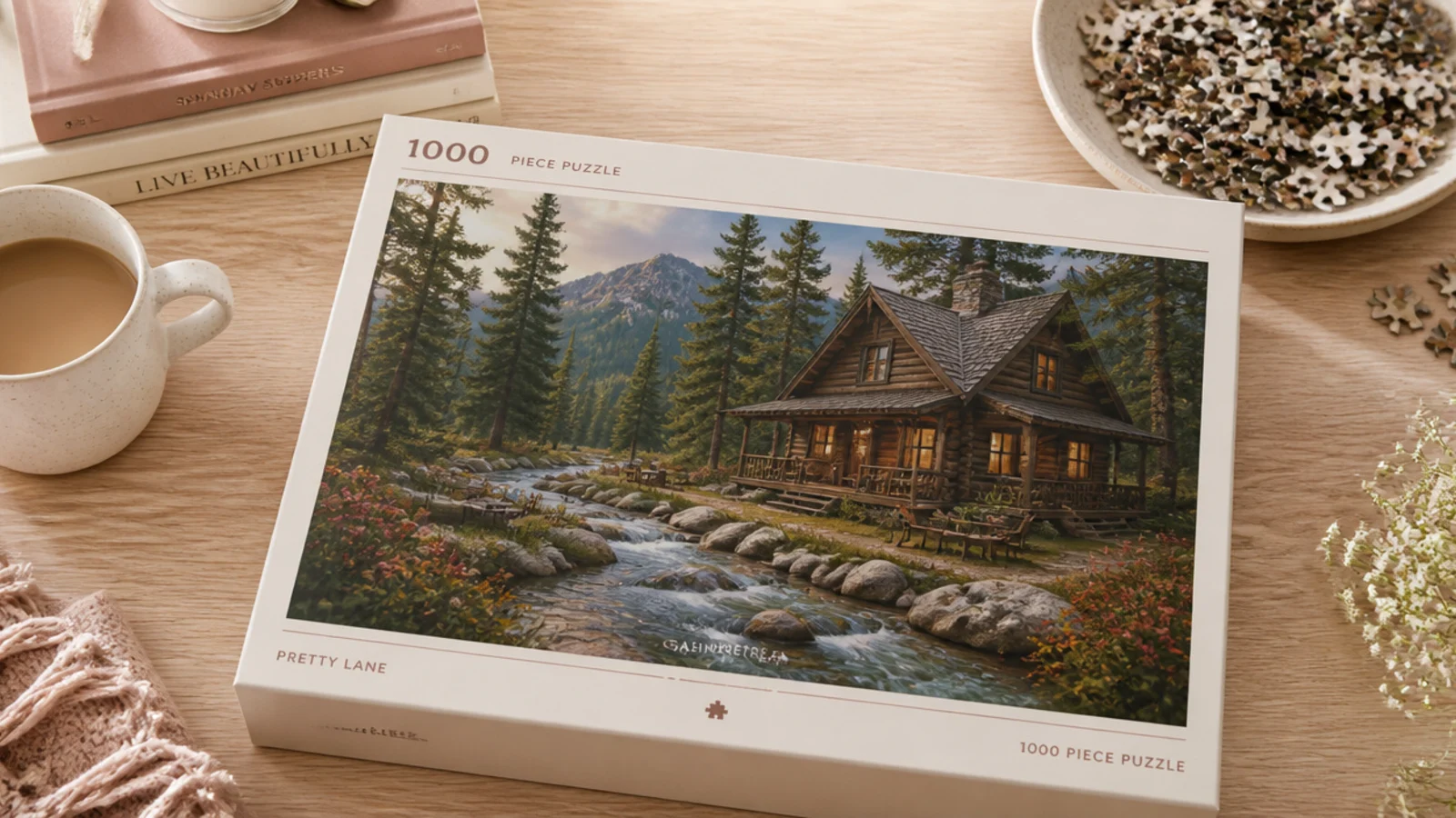Faceless flat-lay of a 1000-piece jigsaw puzzle box with a cozy cabin scene on a wood table