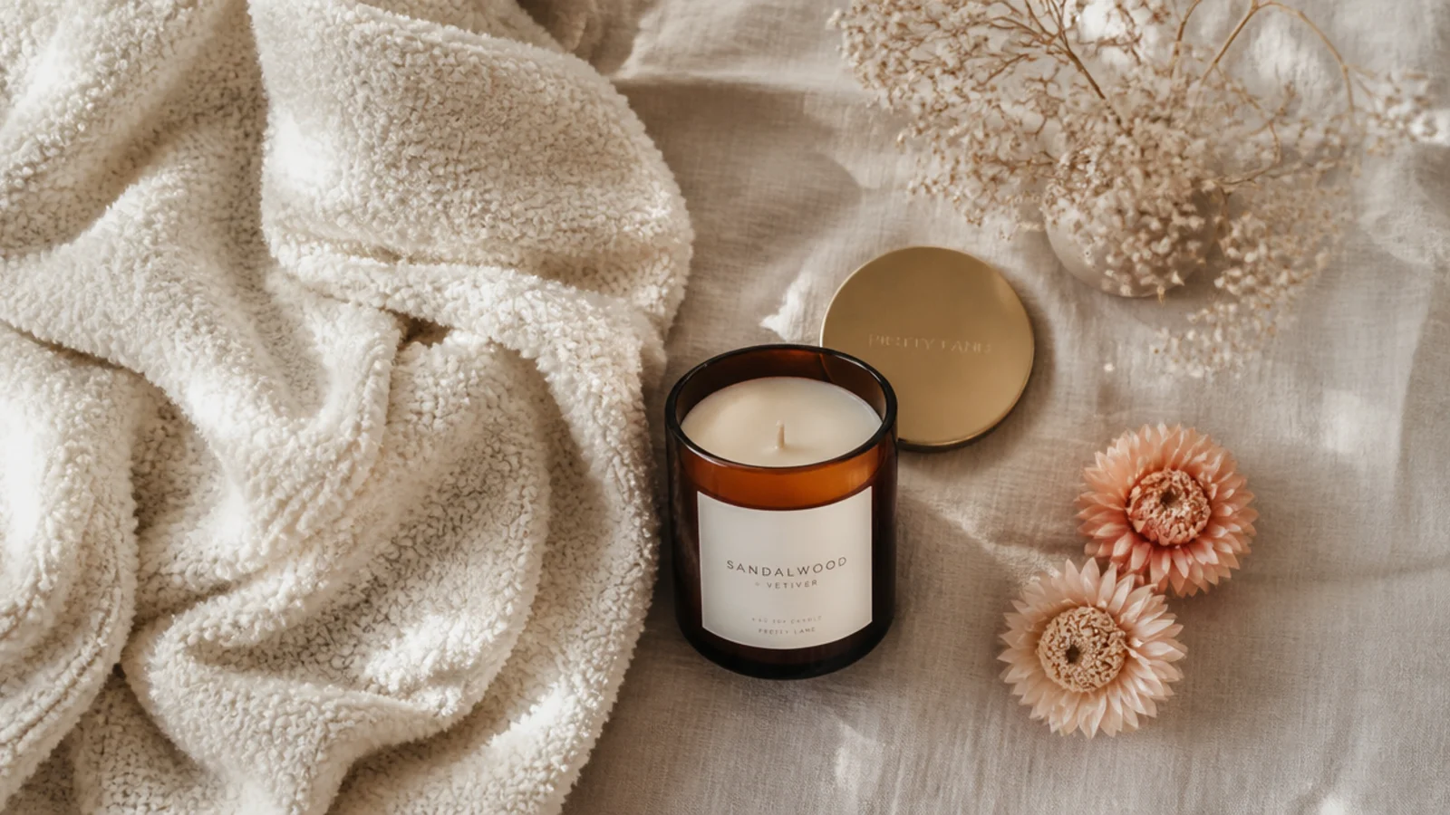 Faceless flat-lay of a cream boucle throw paired with a matching amber candle on linen