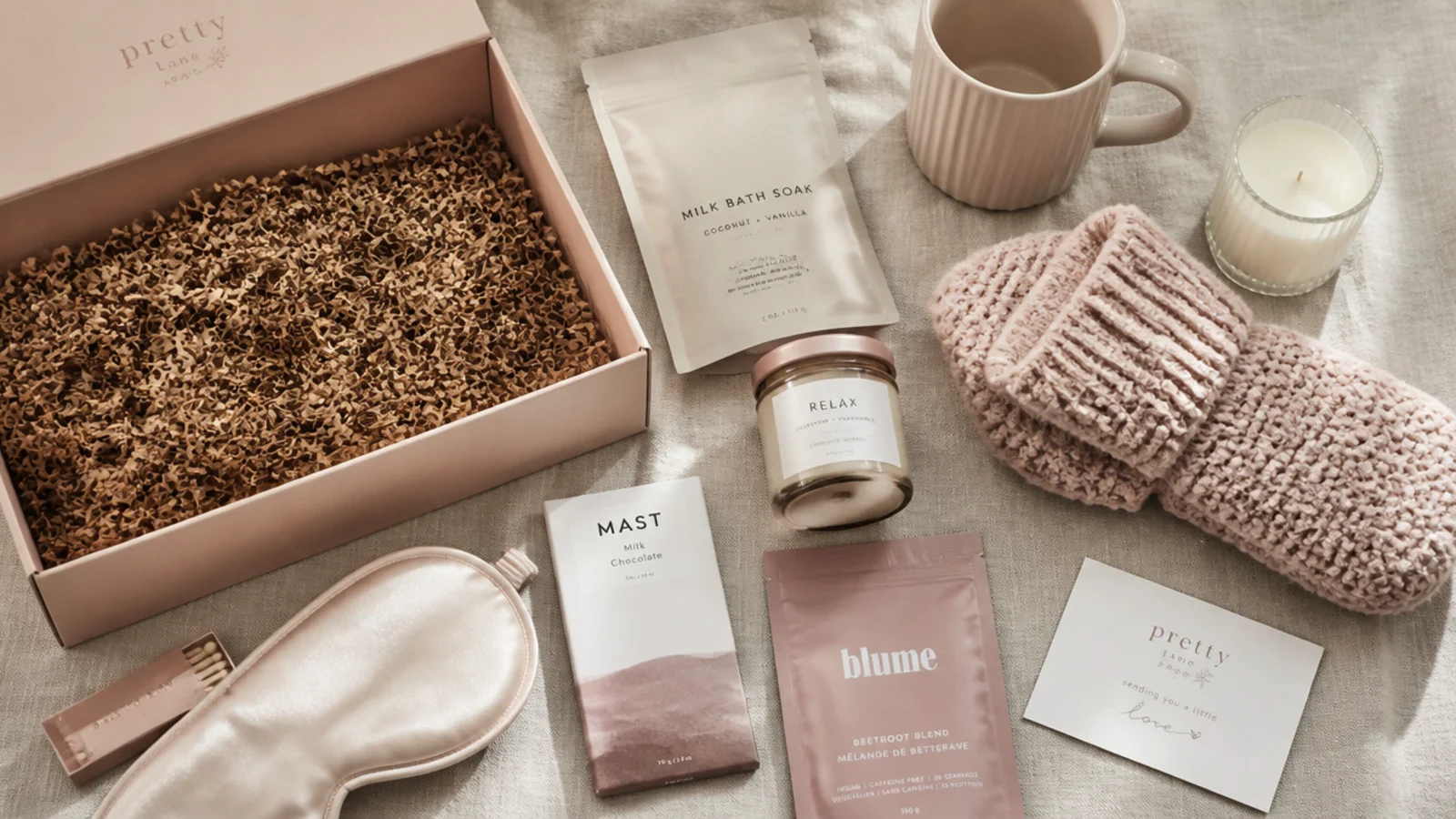 Faceless flat-lay of the layered contents of a cozy night in gift box before assembly on linen