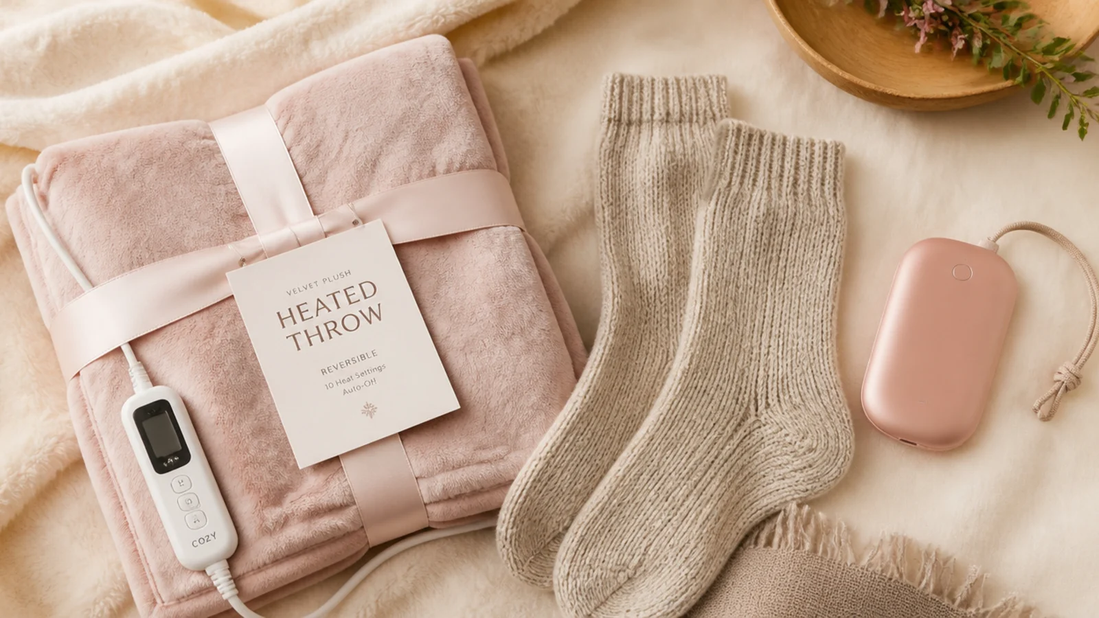 Faceless flat-lay of a heated throw, wool socks and a hand warmer for someone who is always cold