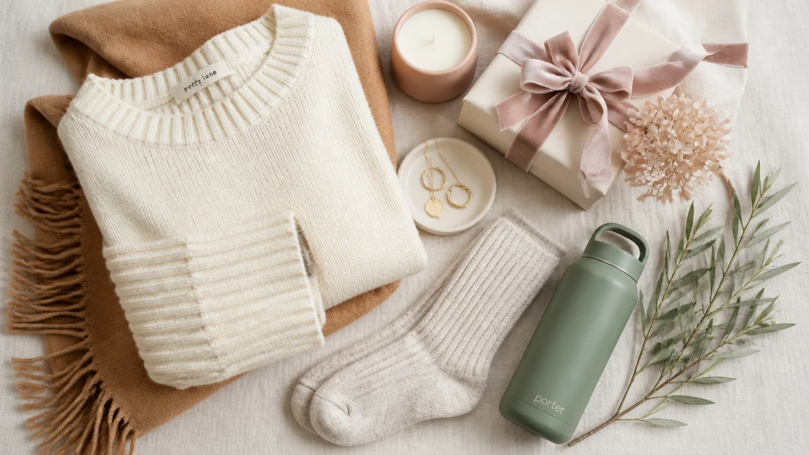 Faceless flat-lay of cream, oatmeal, camel and sage cozy gifts arranged together on linen