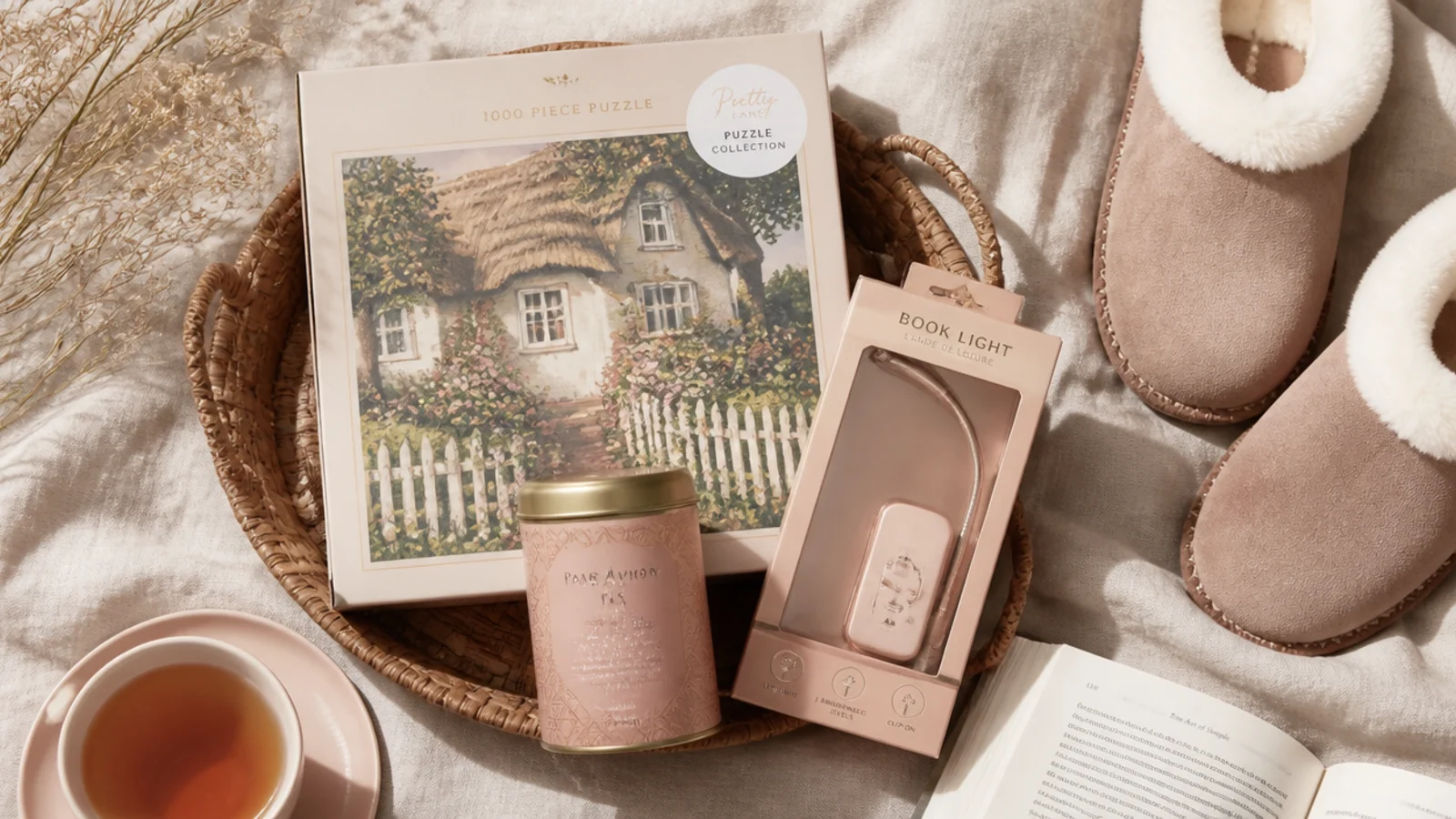 Faceless flat-lay of homebody gifts - a jigsaw puzzle, tea, a book light and slippers on linen
