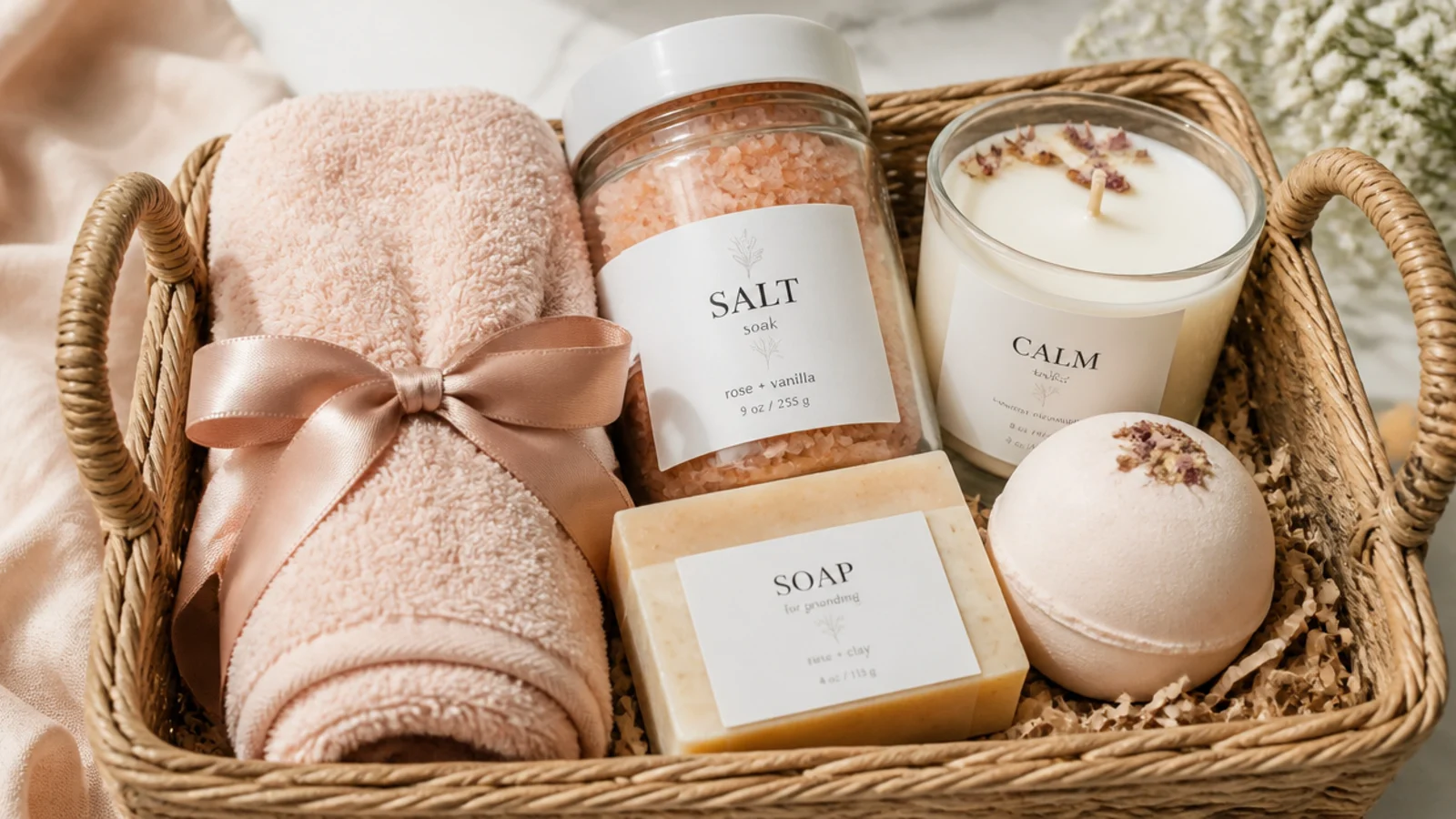 Faceless flat-lay of a spa gift basket with rolled towel, bath salts, candle and bar soap