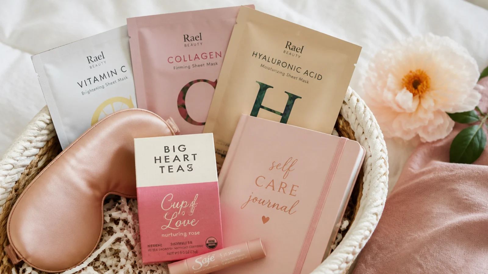 Faceless overhead shot of a self-care basket with sheet masks, eye mask, tea and a journal