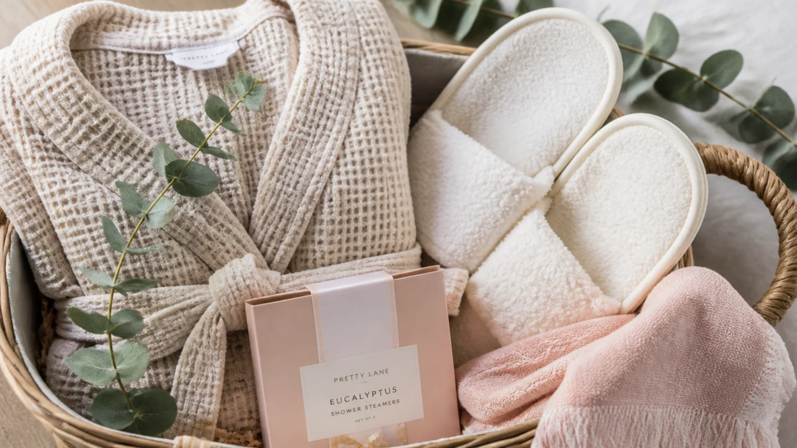 Faceless flat-lay of a waffle robe, eucalyptus shower steamers and slippers in a basket