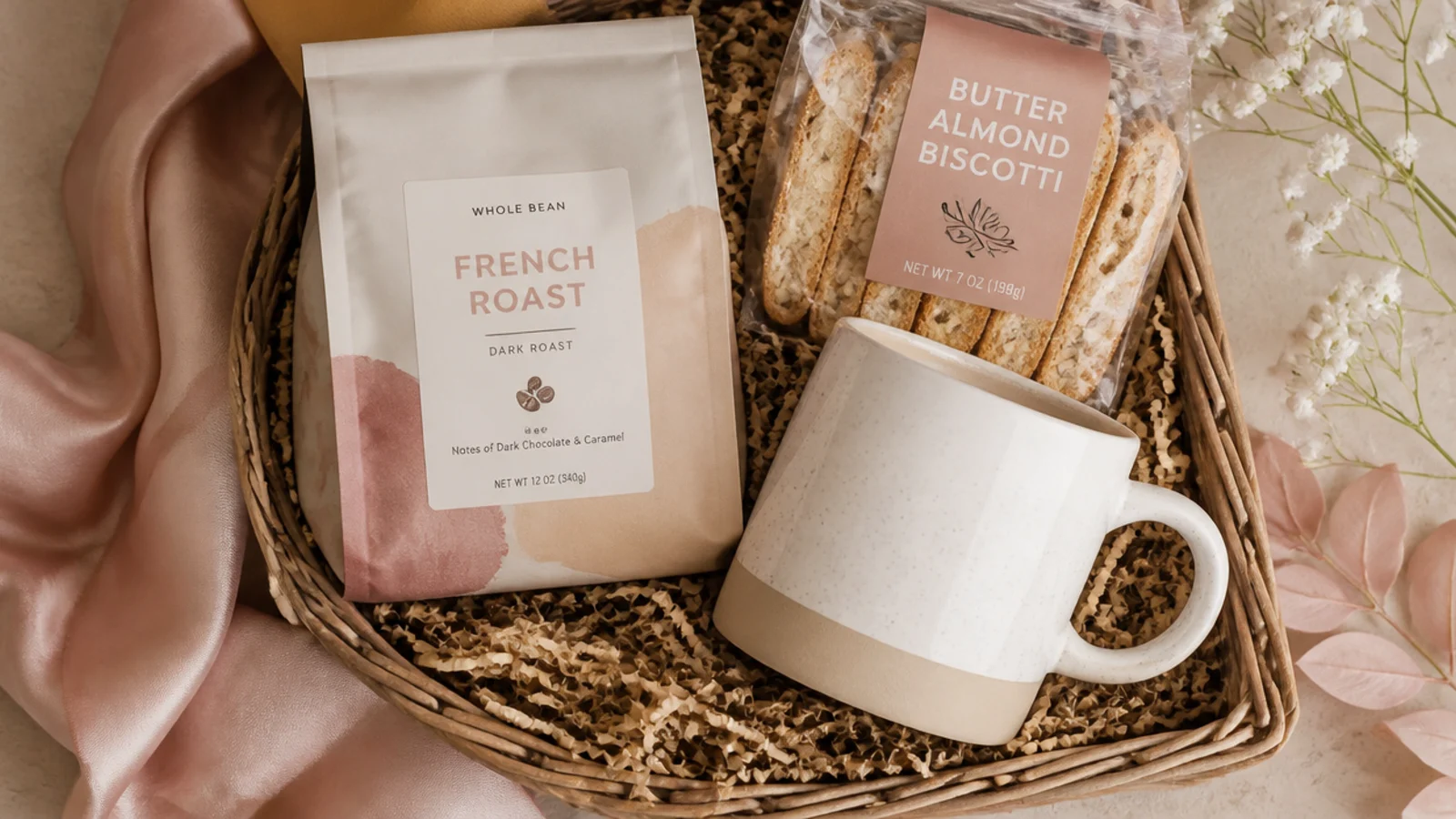 Faceless overhead shot of a coffee gift basket with a ceramic mug, whole bean bag and biscotti