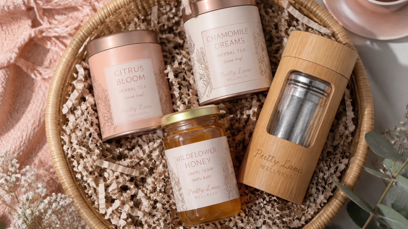 Faceless flat-lay of a tea basket with loose-leaf tins, a honey jar and a bamboo infuser
