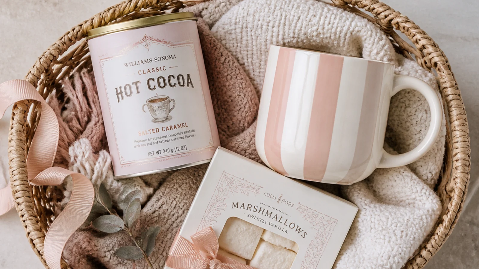 Faceless overhead shot of a cocoa basket with cocoa tin, gourmet marshmallows and a striped mug