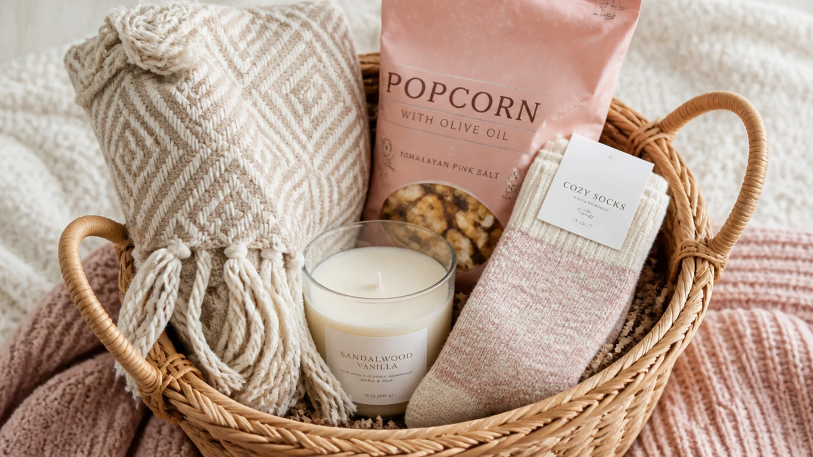 Faceless flat-lay of a cozy basket with a folded throw blanket, candle, socks and popcorn