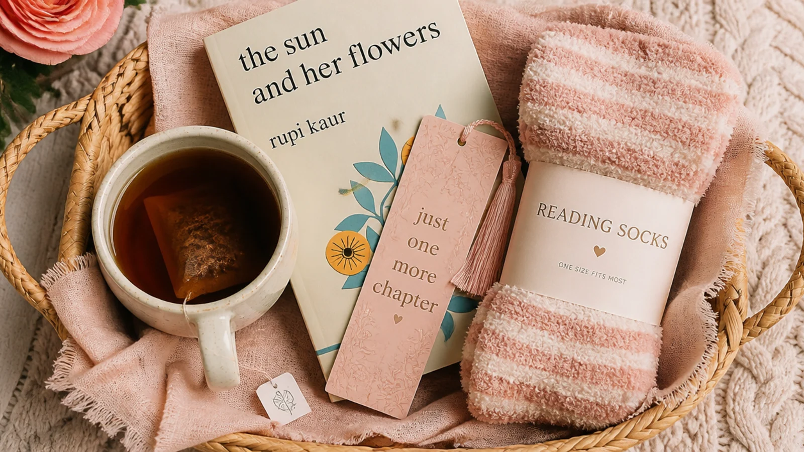Faceless overhead shot of a reading basket with a paperback, bookmark, tea and reading socks