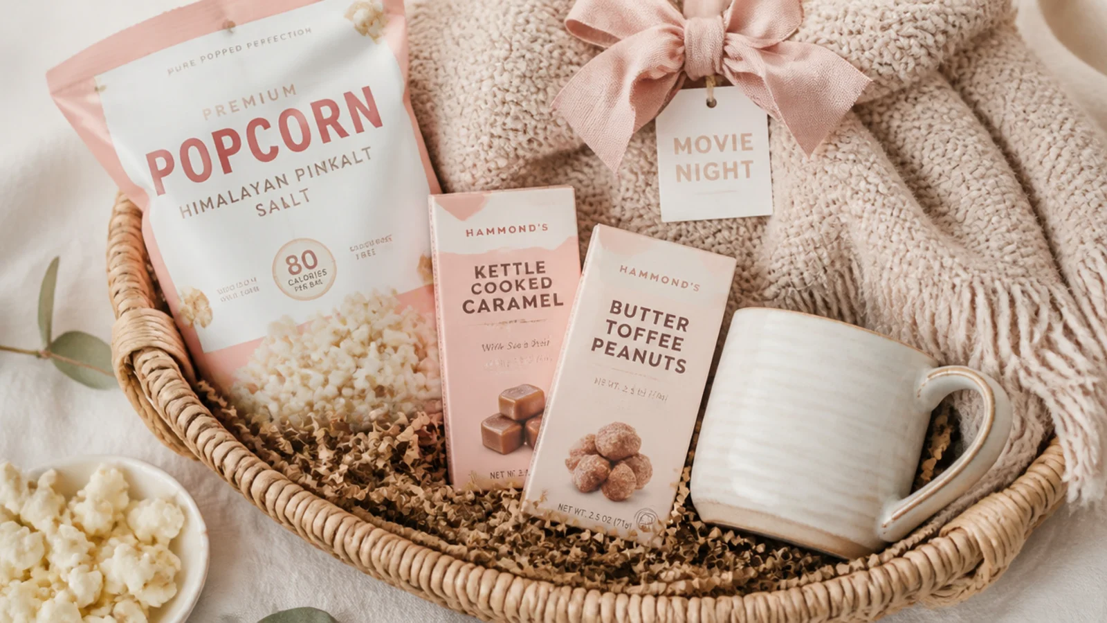 Faceless flat-lay of a movie night basket with popcorn, candy boxes, a blanket and a mug