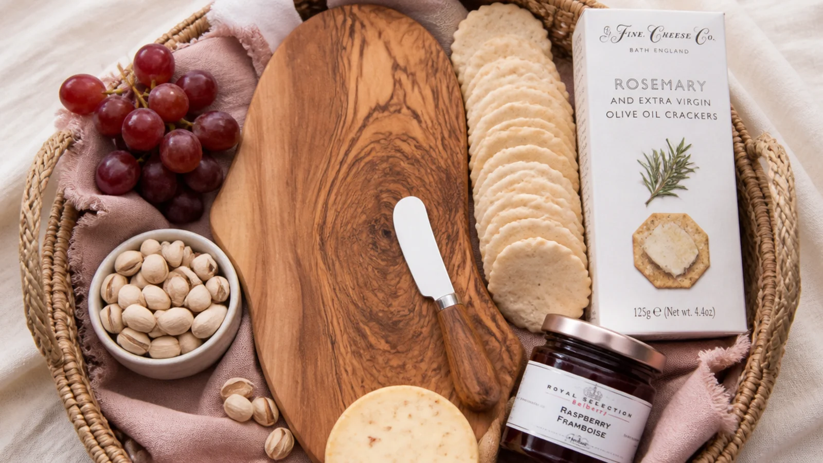 Faceless overhead shot of a charcuterie basket with a wood board, crackers, jam and a knife